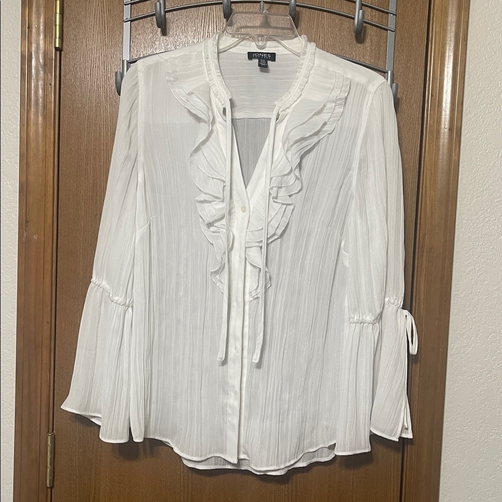 Jones New York Tie V-Neck Ruffle Blouse Lightweight Bell Sleeves Ivory Women's M
